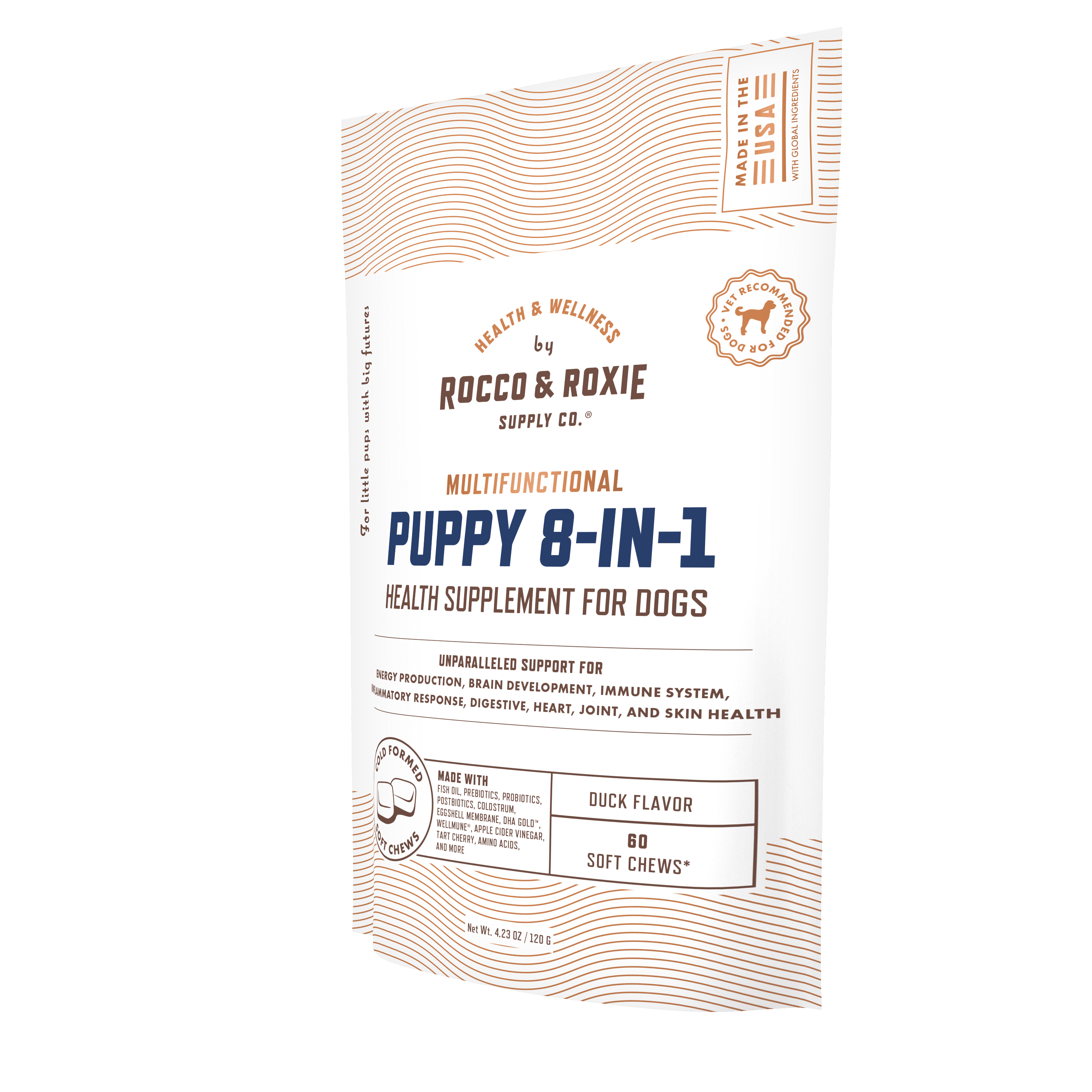 Rocco & Roxie Multifunctional Puppy 8-in-1 Supplement, Multivitamin Soft Chews Duck Flavor, 60 Count