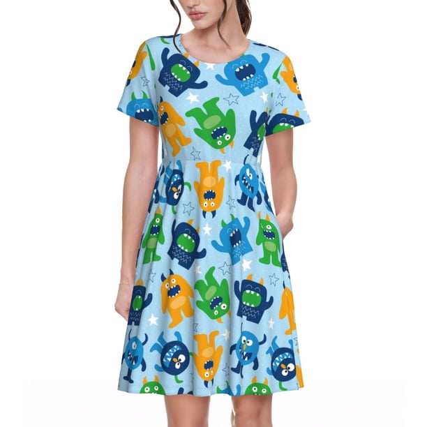 Easygdp Cartoon Monster para Vestido Transpirable de Mujer, Vestido Suelto de Manga Corta con Pliegues y Bolsillos para el Verano
