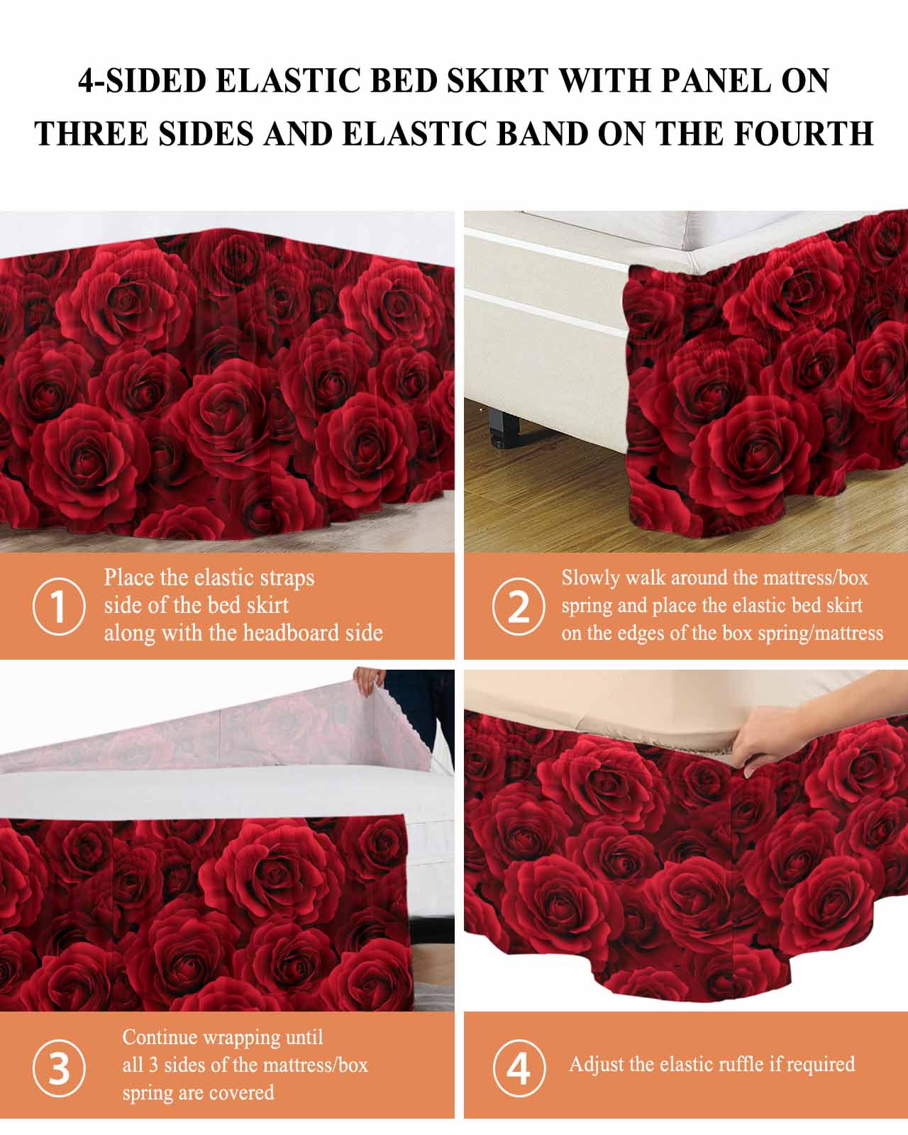 Valentine's Day Bed Skirt Queen Size 16 Inch Drop, Modern Romantic Dark Red Roses Petal Floral Plant Adjustable Elastic Dust Ruffles Bedskirt for Queen Bed Wrap Around Pleated Mattress Frame Cover