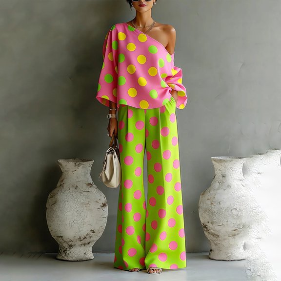 Asymmetrical Polka Dot Set for Women, One-Shoulder Wide Leg Pants & Blouse - Vibrant Summer Resort Wear 2-Piece Outfit Fluorescent Green L