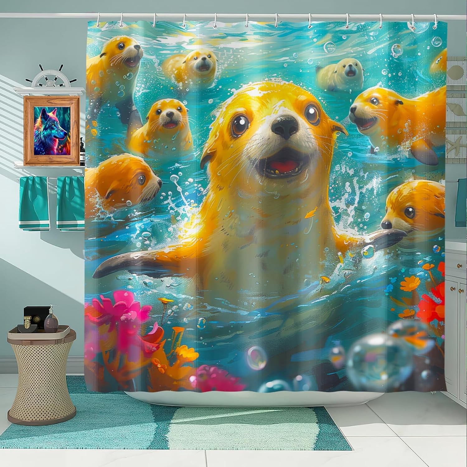 4 Pcs Shark Shower Curtain Set - Shark Bath Curtain, Blue Shark Bathroom Ocean Themed Shower Curtain for Kids Boys Girls, Sea Animal Shower Curtain with Rug, Toilet Cover, Bath Mat with 12 Hooks
