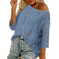 thumbnail image 2 of Crochet Coverups for Women Loose Fit Hollow Out Off the Shoulder Top Summer Beach Travel 3/4 Sleeve Swim Cover Up Blue M, 2 of 7