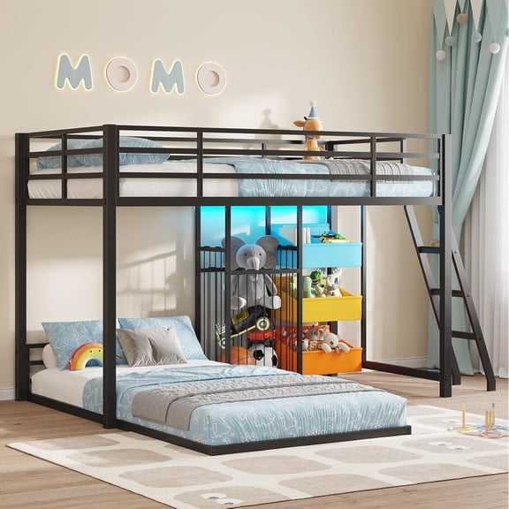 Twin Over Twin Size Low Bunk Bed with Ladder and LED Lights, Floor Bunk Beds with Large Toy Storage Organizer and 3 Bins, Metal L-Shaped Bunk Bed with 13.4" H Safety Guardrail, Black