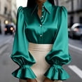thumbnail image 2 of Womens Satin Blouses Lapel Collar Button Down Long Lantern Sleeve Silk Shirt Slim Fit Dressy Tops Business Work Shirts, 2 of 8