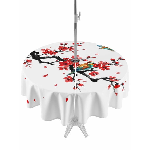 Outdoor Tablecloths with Umbrella Hole & Zipper, Red Spring Floral Round Tablecloths 60 Inch, Birds Branches Watercolor Flowers Waterproof Table Cloth, Patio/Pool/Picnic Table Covers