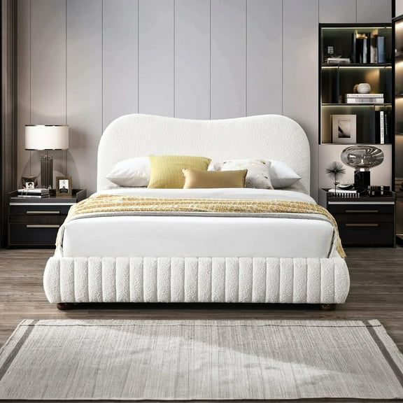 Cream Boucle Queen Platform Bed For Bedroom - Modern, Modern With Upholstery , Elegant