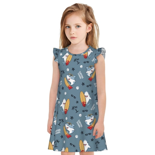 Fotbe Surf Shark Vestido de Dormir para Niñas de 3 a 10 Años, Mangas Cortas, Estilo Princesa, Pijama Camisón con Mangas Voladas-XX-Large