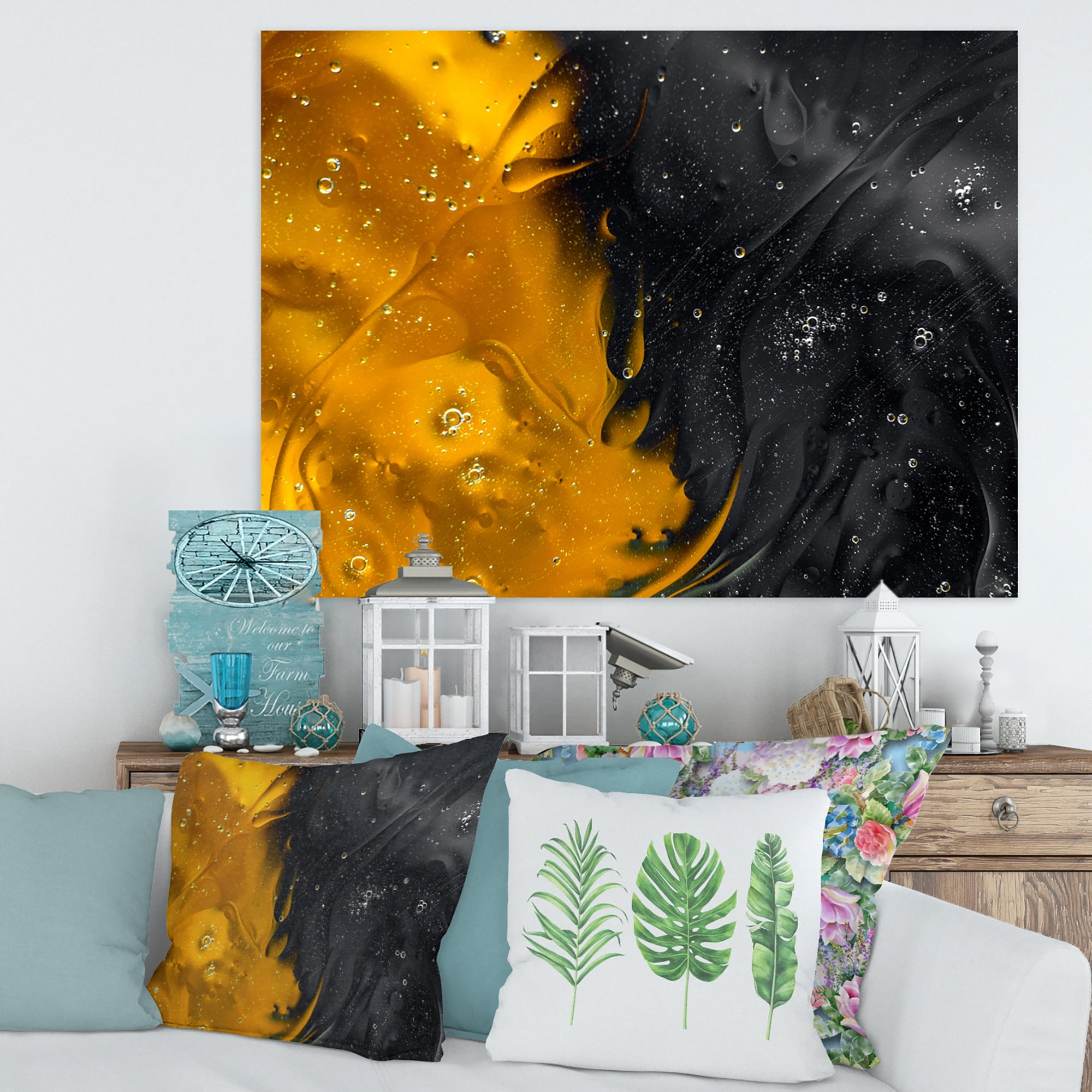 Marriage of Black and Yellow 12 in x 8 in Painting Canvas Art Print, by Designart