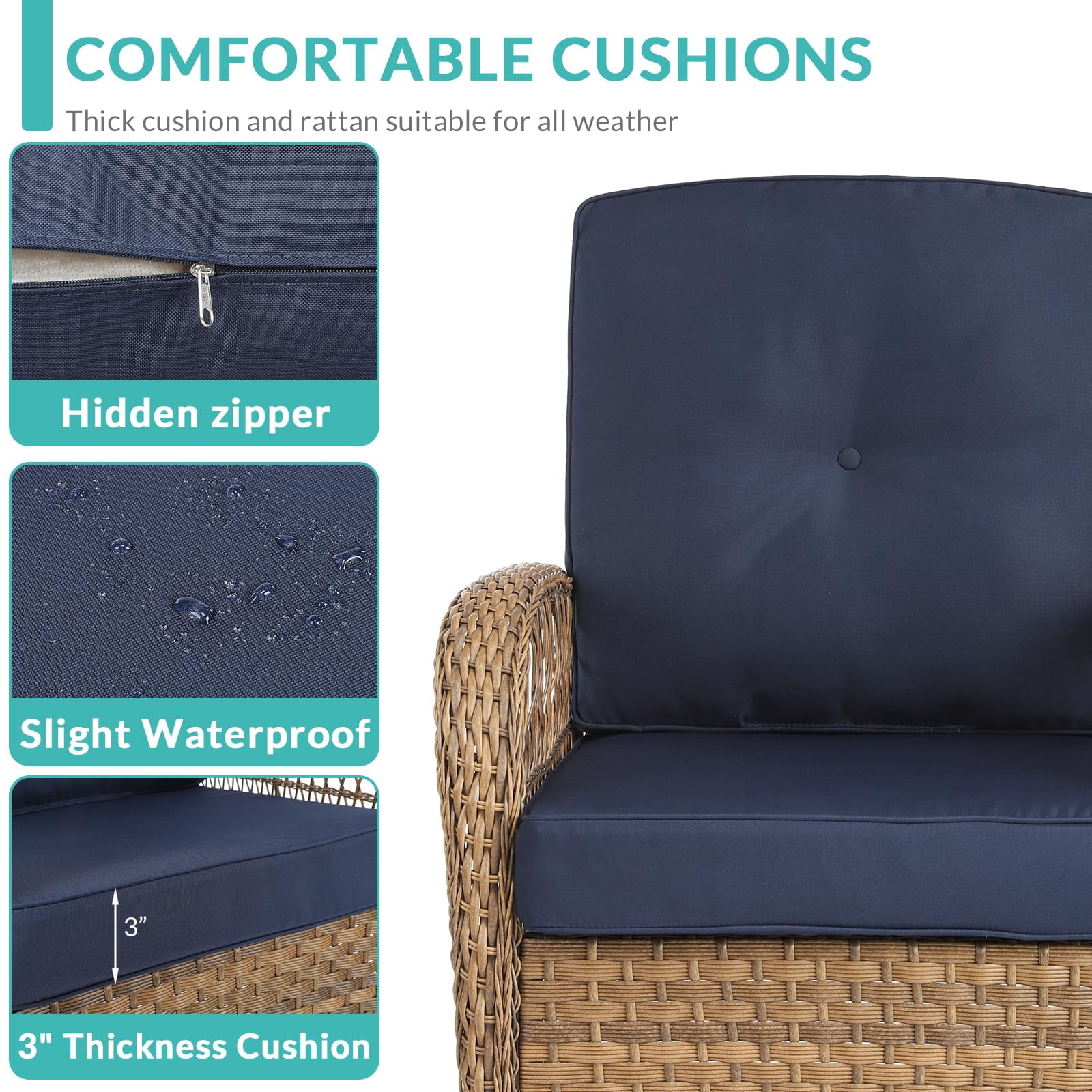 MEETWARM 7 Pieces Outdoor Patio Rattan Furniture Sets, All Weather Patio Wicker Conversation Set- 2 Rocking Chairs, 2 Swivel Chairs, 1 Loveseat Glider w/Cushions, 2 Glass-Top Coffee Table, Navy Blue