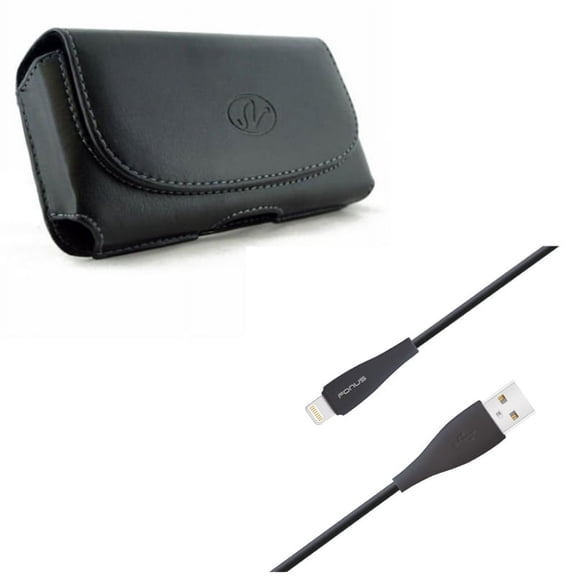 6ft USB Cable w Case Belt Clip for iPhone 8/7/6S/6/11 Pro - Charger Cord Power Wire Long Sync, Leather Holster Cover Loops Pouch for iPhone 8/7/6S/6/11 Pro Models