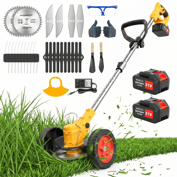 650W Weed Trimmer Cordless, 24V 2000mAh Battery Operated Weed Eater Electric Grass Trimmer with Wheels, 3 in 1 Battery Powered Weed Wacker with 3 Types Blades for Yard Garden, Yellow