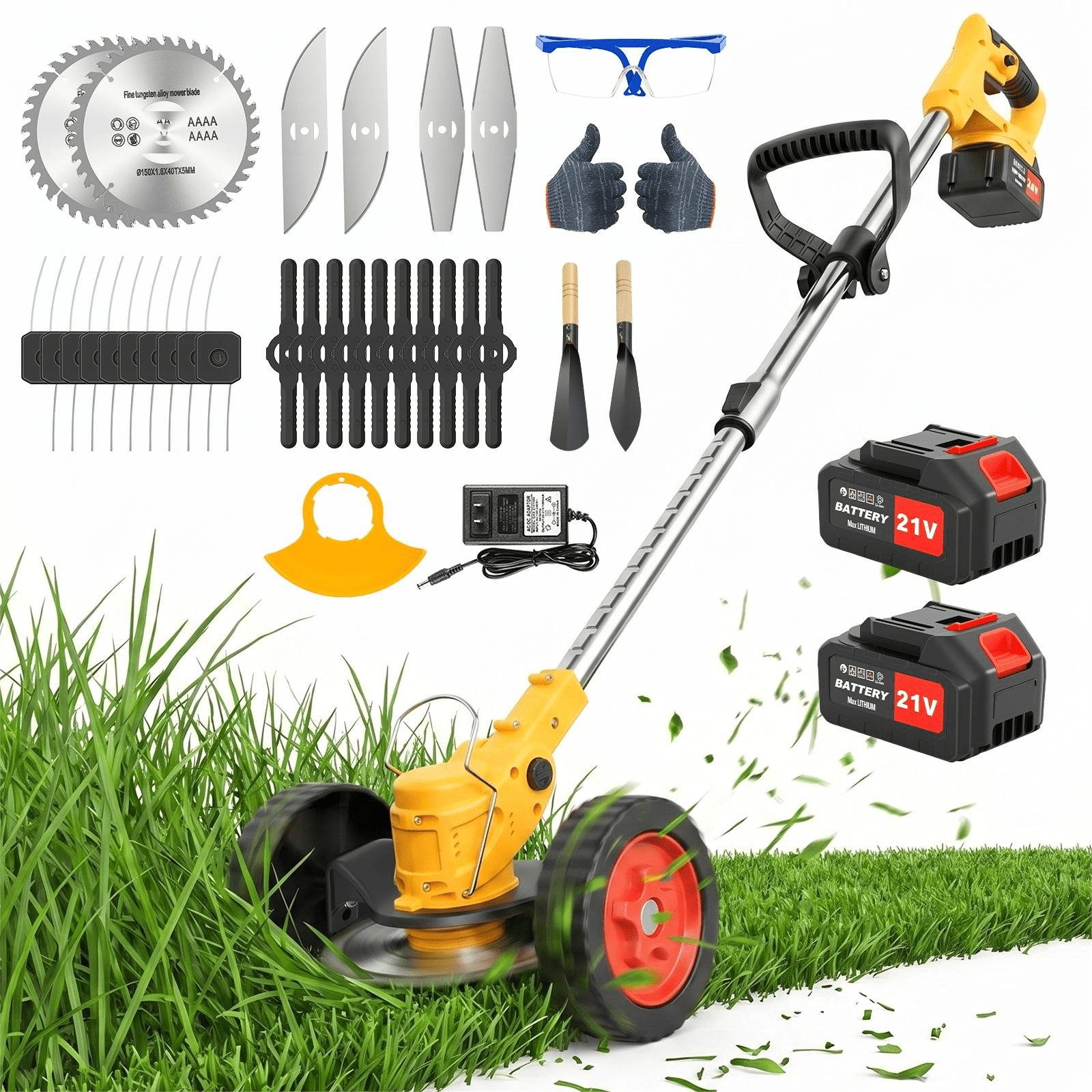 650W Weed Trimmer Cordless, 24V 2000mAh Battery Operated Weed Eater Electric Grass Trimmer with Wheels, 3 in 1 Battery Powered Weed Wacker with 3 Types Blades for Yard Garden, Yellow