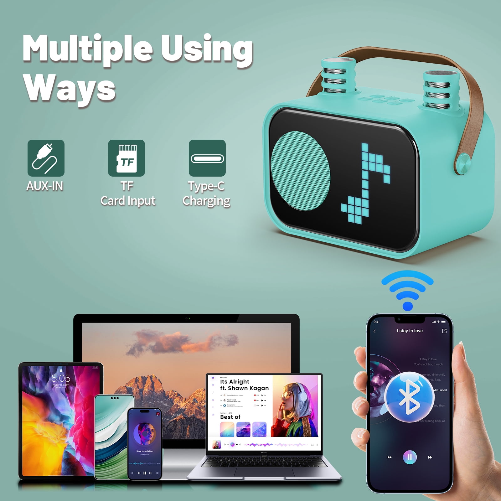 JYX Karaoke Machine for Kids Adults, Portable Bluetooth Speaker with 2 Mic, Party Speaker with 15+ Pixel Animation for Singing, D58G-T
