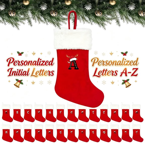 Christmas Stockings Personalized Initial Letters A-Z - Individual Monogram Knitted Xmas Stocking Embroidered, Christmas Fireplace Mantel Gift, A