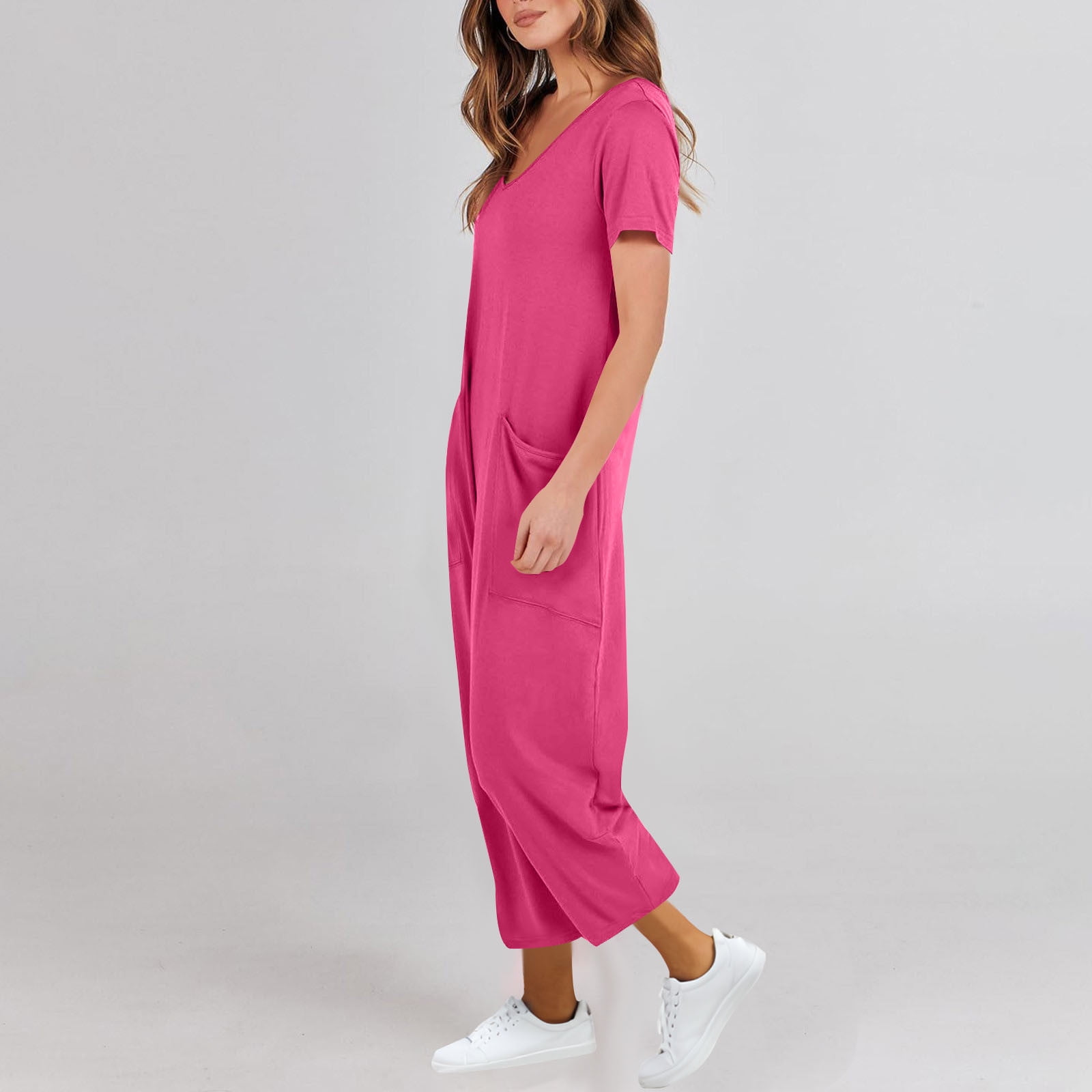 AGWOLF Adult Onesie Pajamas for Women Stretch V Neck Short Sleeve Jumpsuits Loose Fit Solid Ankle Length Pants Summer Rompers with Pockets Soft Sleepwear Homewear One Piece Hot Pink XXL