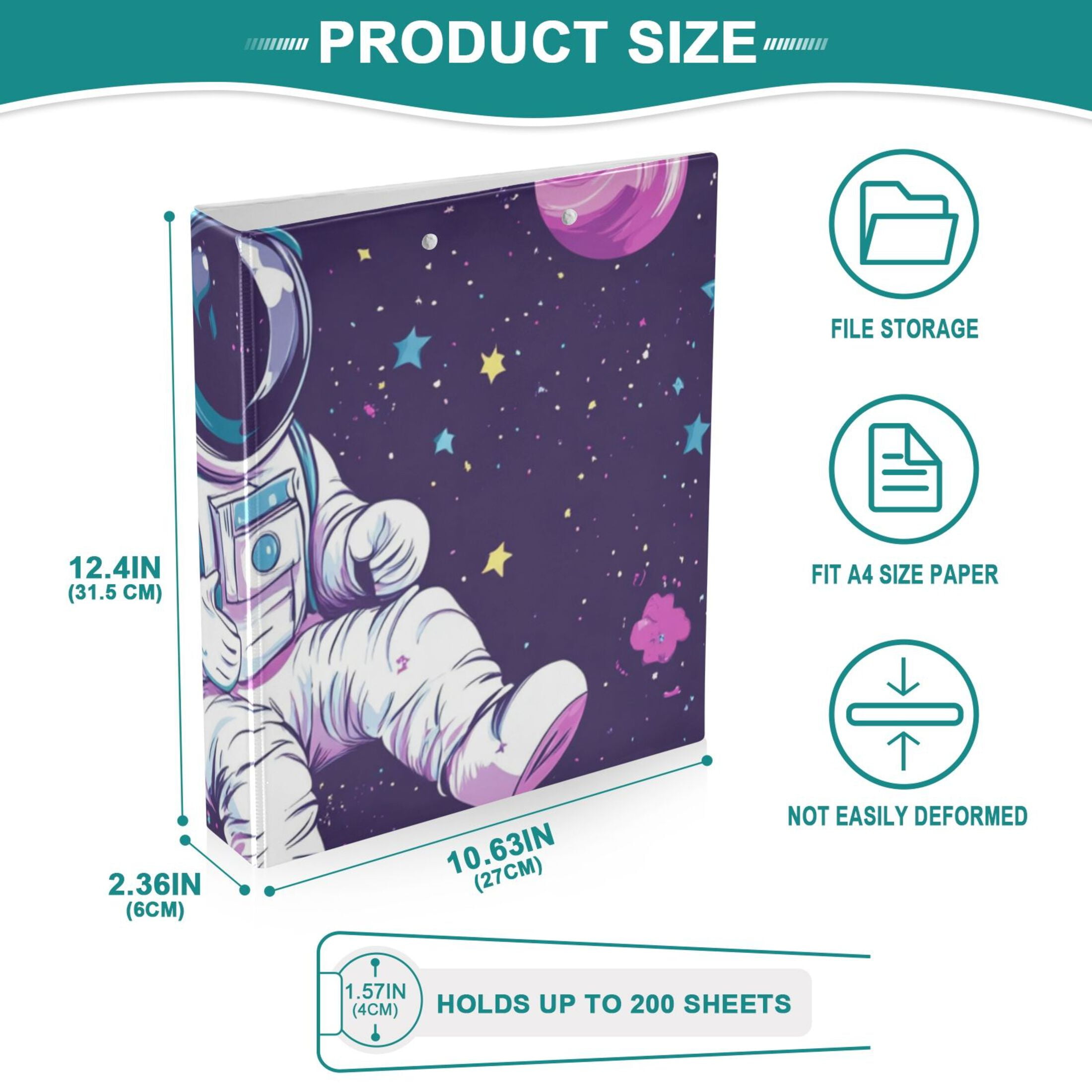 Unicorn Planet Astronaut 3 Ring Binders 1.5 inch Hardcover File Folders with Interior Pockets A4 Size Organizer for School Office Hospital