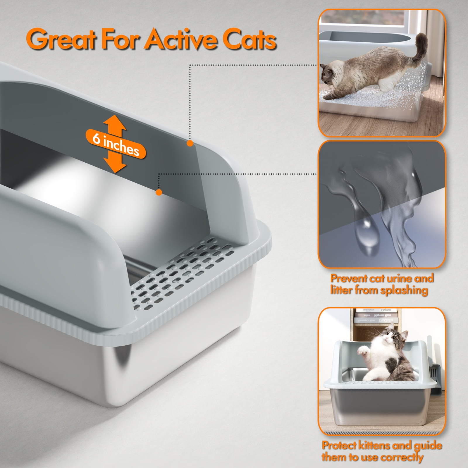 Fylica Stainless Metal Cat Litter Box, Open Top High Sided Litter Box for Multiple Cats, Anti-Leakage, Easy Cleaning, a Scoop, Scoop Holder, Cat Litter Mat Included, Brown