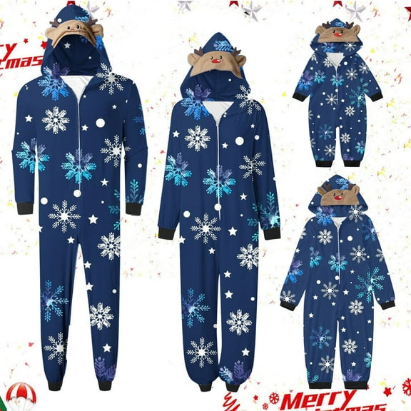 Odeerbi Matching Family Christmas Pajamas Sets Parent-Child Warm Hooded Jumpsuit Set Xmas Printed Home Wear Loungewear Sleepwear Jammies for Dad