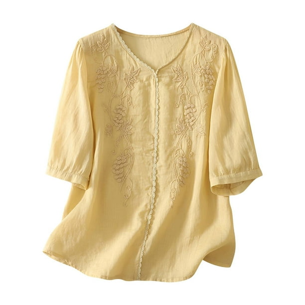 Vestidos Casuales Para Mujer, Blusas De Mujer De Moda Blusa de moda para mujer con escote en V y mangas 3/4 con encaje bordado de imitación de lino