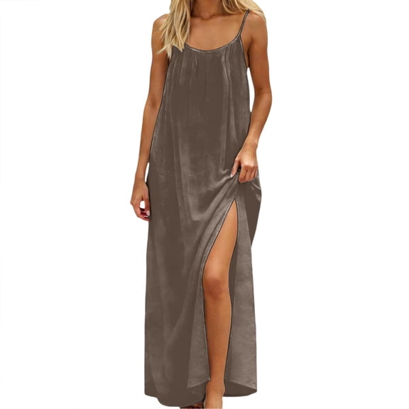 Open Back Flowy Linen Beach Maxi Dress for Women Spaghetti Strap Summer Oversized Slit Boho Vacation Sundress