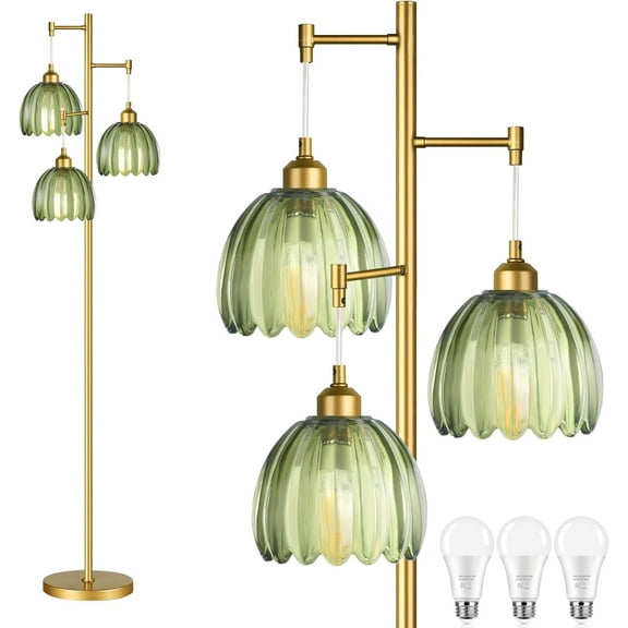 Gold Floor Lamp for Living Room,Bedroom,Mid Century Modern Standing Lamp Brass Tree 3 Light Tall Floor Lamps Vintage Retro Floor Lights Glass Green Flower Lamp Shade Farmhouse Boho Bohemian