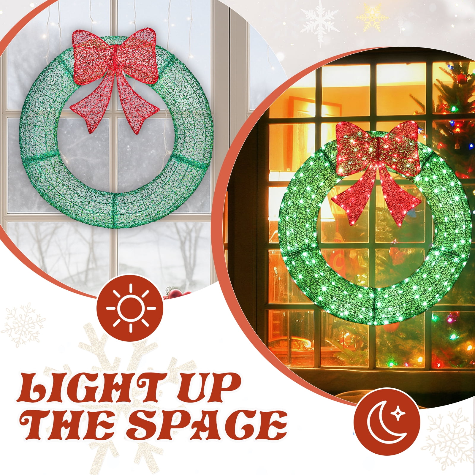 35.4" Pre-Lit Outdoor Christmas Wreath with Red Bow, 225 Red Green LED Lights Remote Control Timer Weather-Resistant Metal Frame for Indoor Outdoor Front Door Porch Gate Holiday Decor