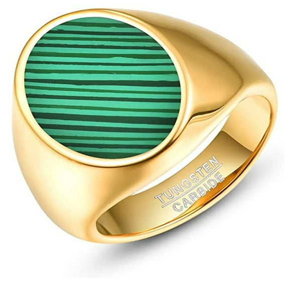 Men's signet Ring Gold Plated Tungsten Carbide Ring, Green Malachite/black Surface Size 7-12