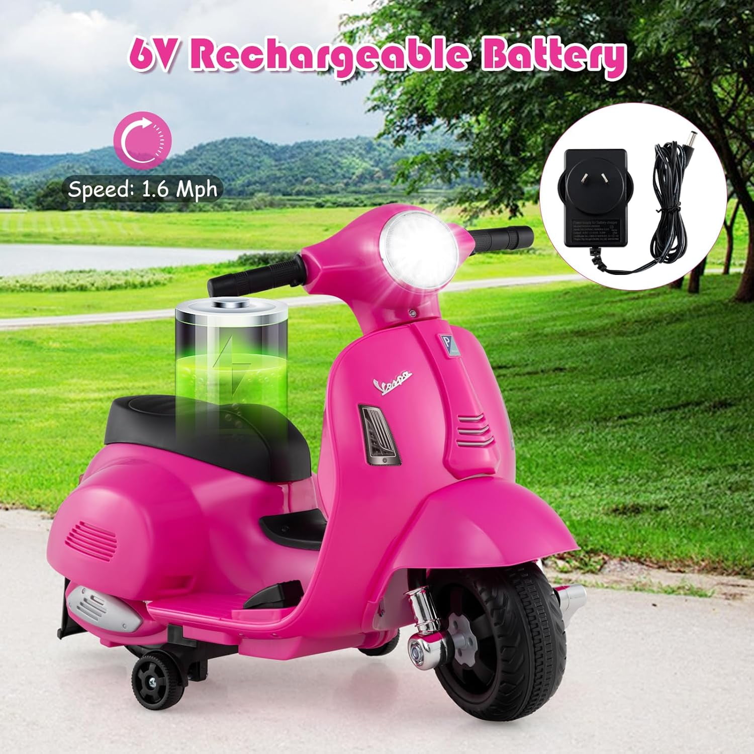 Licensed Vespa Kids Motorcycle by OLAKIDS, 6V Battery Powered Motorbike for Toddlers with Training Wheels, Horn, LED Lights, Electric Ride on Toys for Boys Girls Aged 18-36 Months