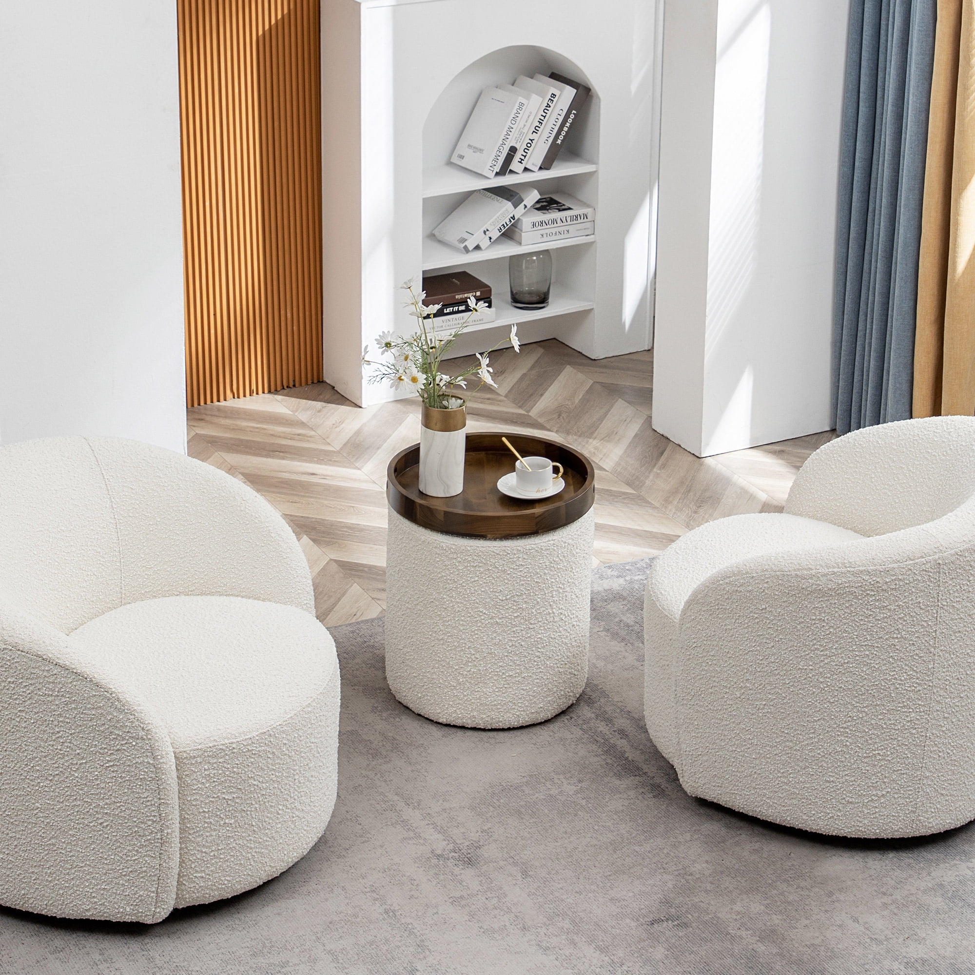 Modern Round Boucle Upholstered Ottoman with Soft Padded Seat, Multi-Functional Sofa Footrest, Side Table, Extra Seating for Living Room, Bedroom, Entryway 18" Dx 18" W x 18" H (Cream)