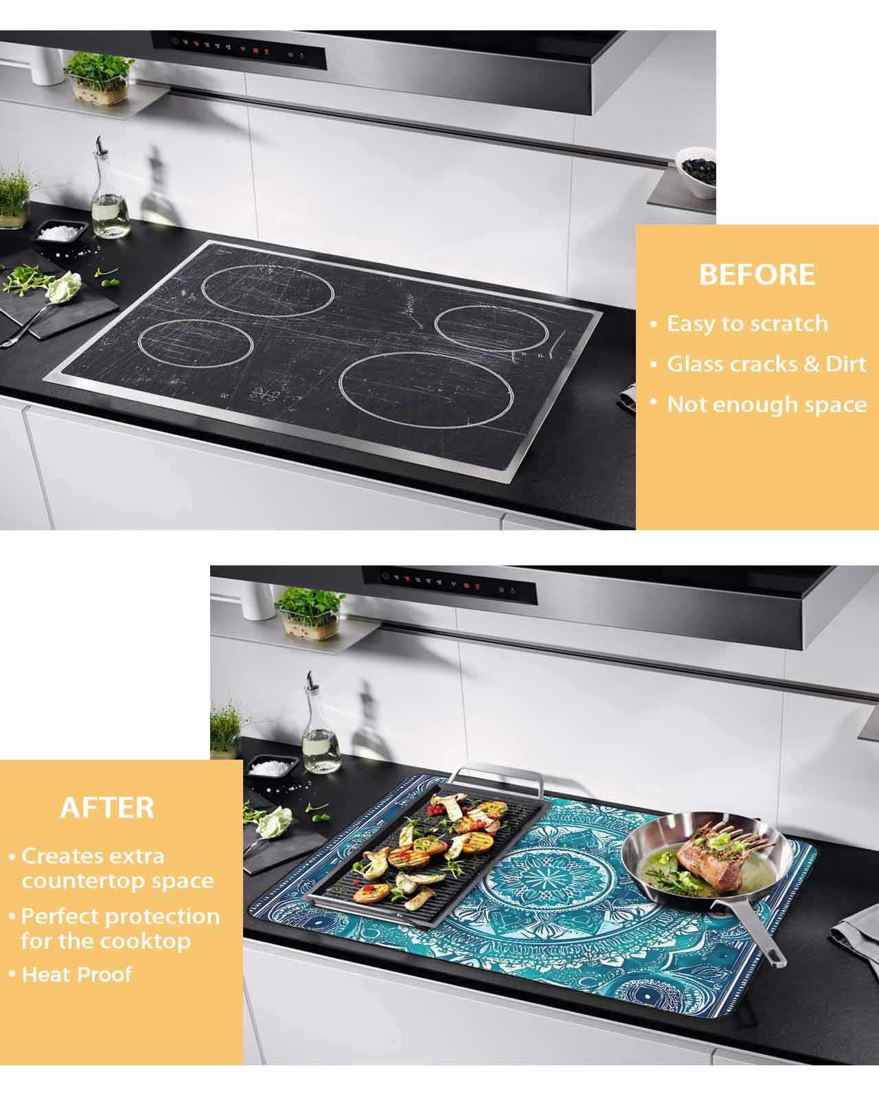 nqOlkjepod Large Induction Cooktop Protector Mat 24"x21", Turquoise Boho Stove Top Covers for Electric Stove, Vintage Country Ethnic Abstract Motifs Stove Burner Cover Mats, Glass Top Stove Cover