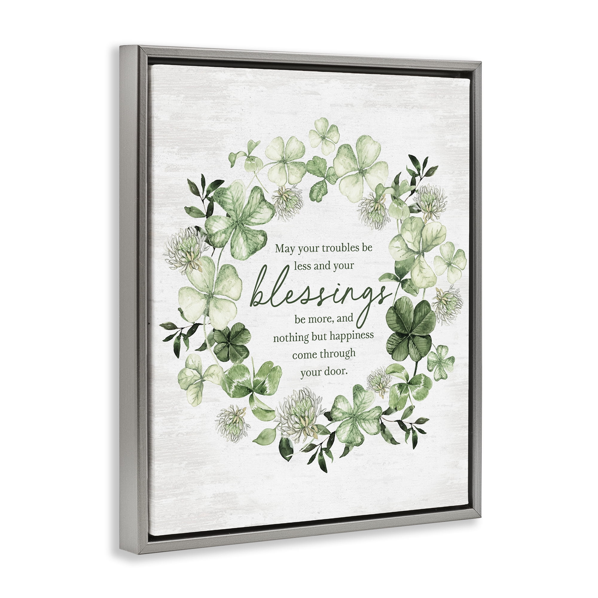 Stupell Industries Clover Wreath Blessing Botanical & Floral Painting Gray Floater Framed Canvas Art Print Wall Art, 17 x 21