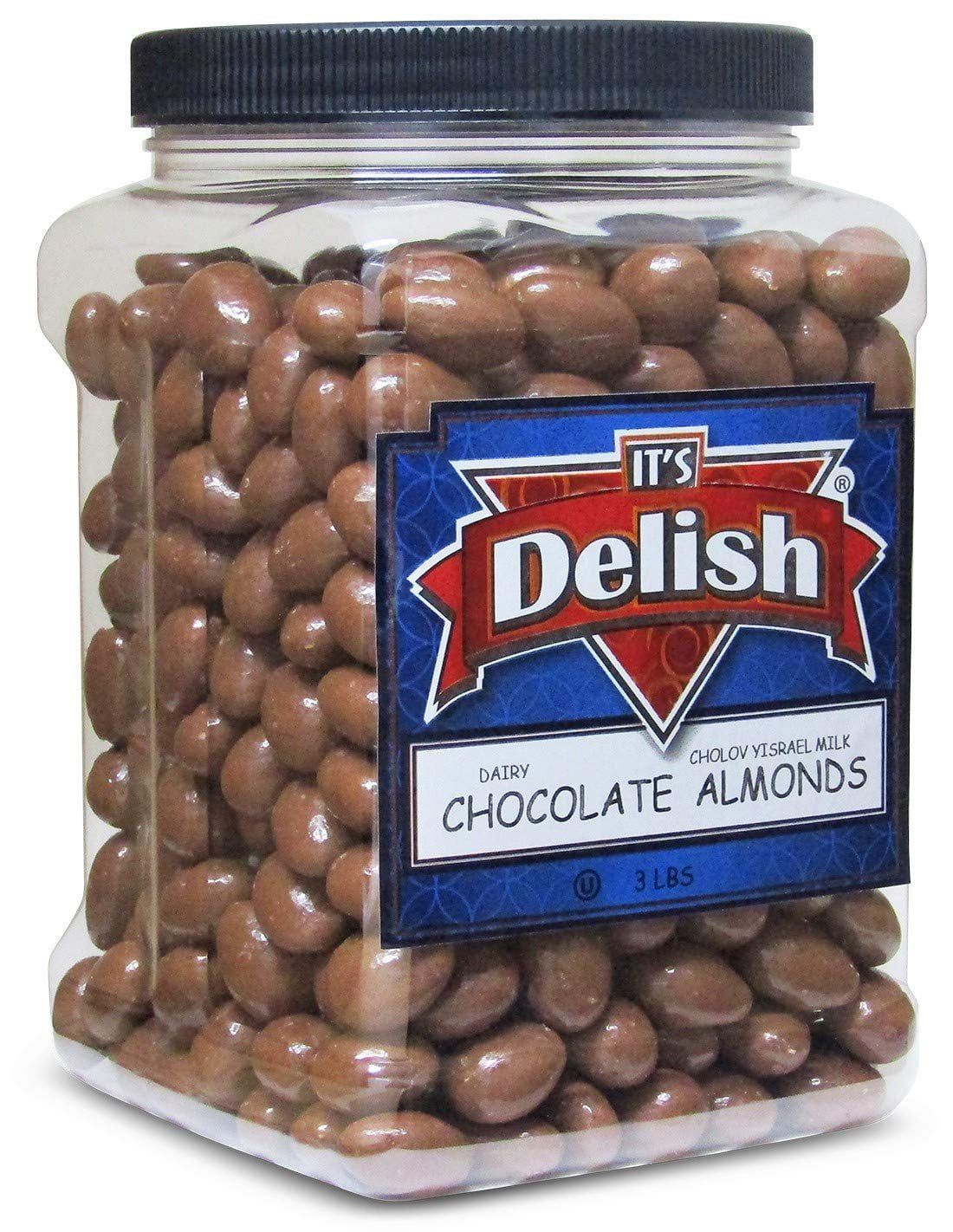 Gourmet Milk Chocolate Covered Almonds by Its Delish - 3 LBS Jumbo Reusable Container - Kosher Dairy Chocolate Coated California Almonds