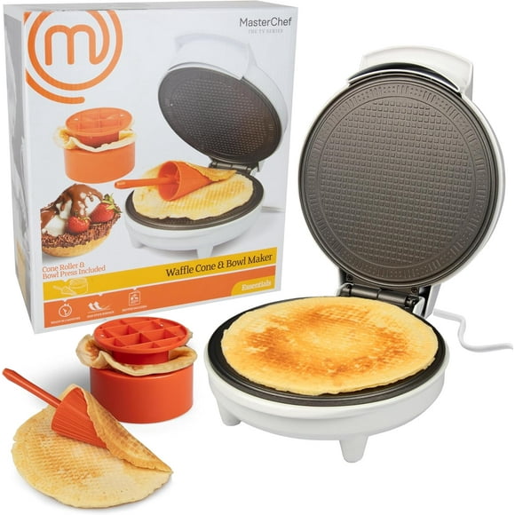 MasterChef Moule à Cornets Gaufrés et à Bols - Comprend un Rouleau Sculptant et une Presse à Bols - Machine à Cornets pour Crème Glacée Maison, Fer à Biscuits pour Cuisson, Appareil de Cuisine Amusant pour Soirées Sundae
