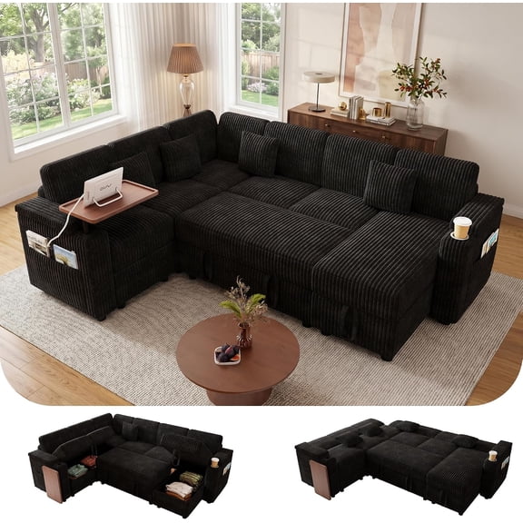 Howcool 100" U-Shaped Modular Sectional Sleeper Sofa, 7-Seat Cloud Couch with Pull-Out Bed, Storage Chaise, USB Ports, Cup Holder & Side Table, Corduroy Sofa Bed for Living Room, Black