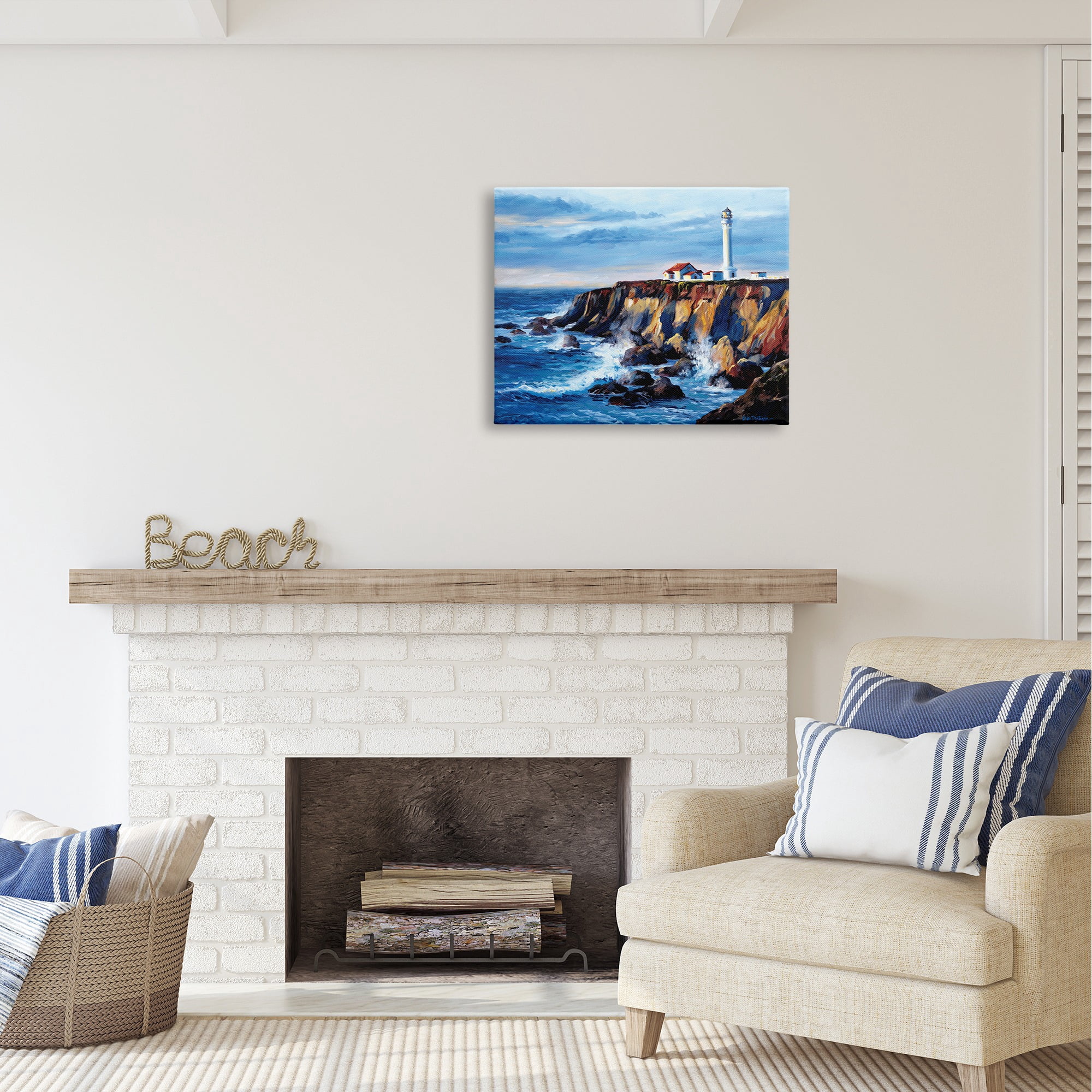 Stupell Industries Lighthouse on Sea Cliff Nature Painting Gallery Wrapped Canvas Art Print Wall Art, 30 x 24