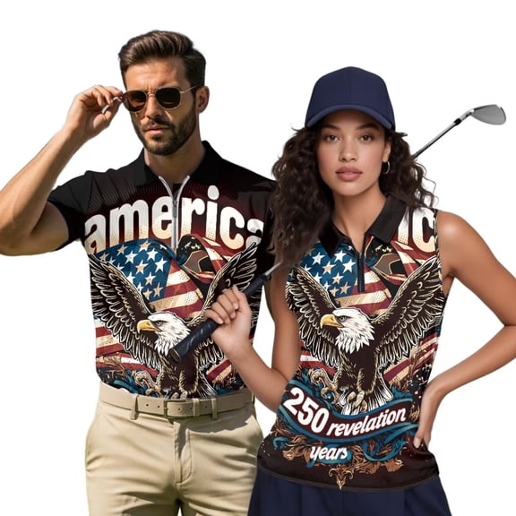 HUIACONG Matching Golf Shirts for Couples Sleeveless Golf Tops for Women Moisture Wicking Quick Dry Lightweight Mens Short Sleeve 250 Anniversary USA Golf Shirt Breathable Athletic Outdoor Wear Man S