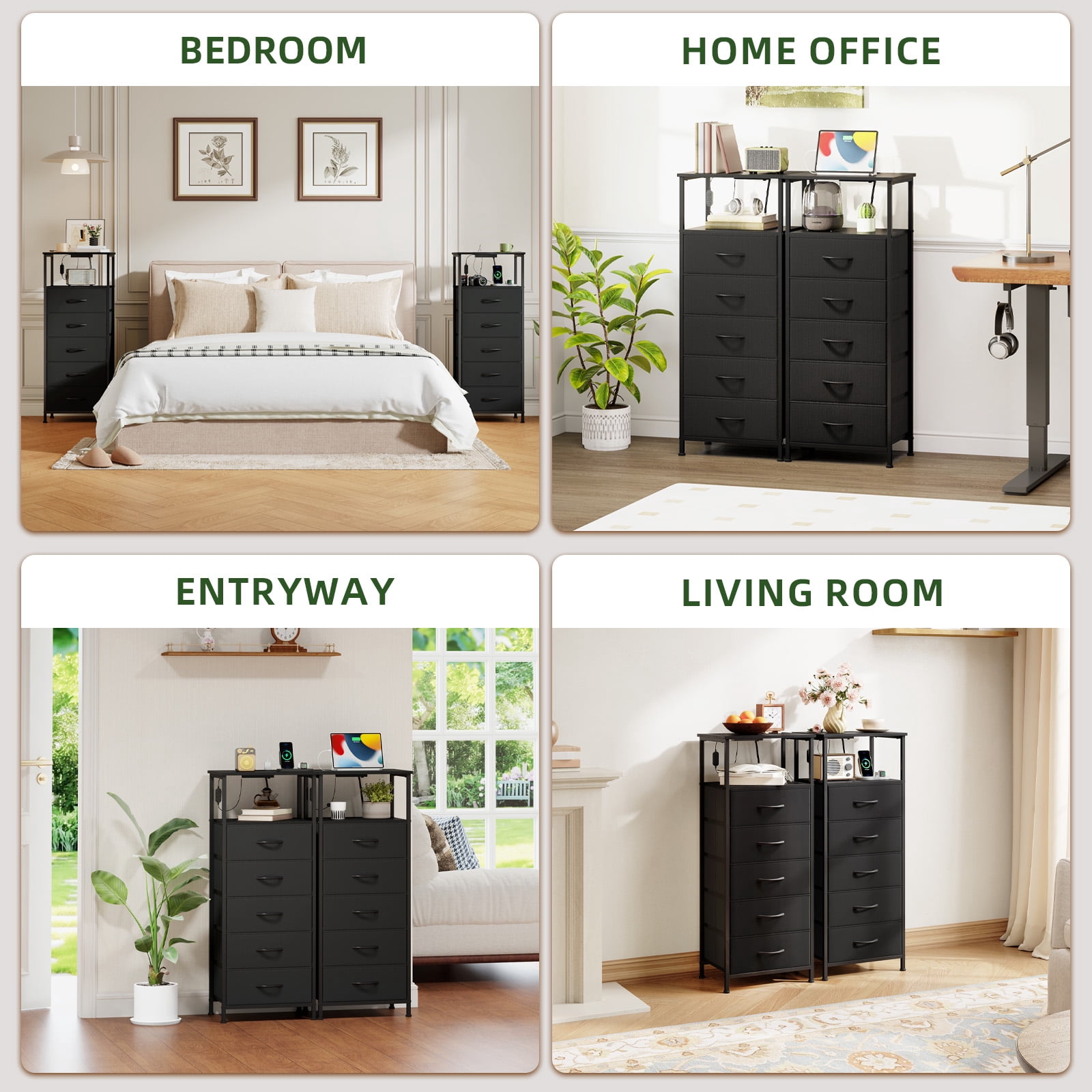 Eunos Black Dresser for Bedroom, 5 Drawer Nightstand with Charging Station, LED and Open Shelf