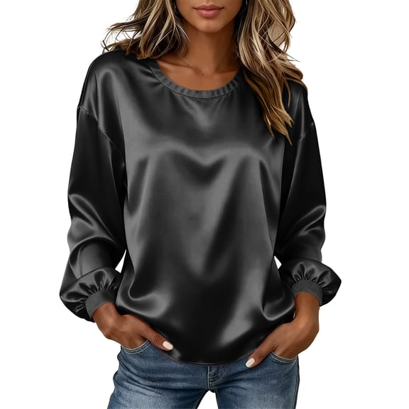 Cmfcve Puff Long Sleeve Work Tops for Women Crew Neck Satin Dressy Shirts Fashion Loose Comfy Casual Blouses