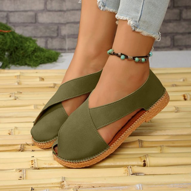 Gspmoly Chaussures Plates pour Femmes, Chaussures Plates pour Femmes Mode Décontractée Été Nouveau Style Couleur Unie Extérieur Talon Style Rétro Français Semelle Plate Creusée Sandales de Plage Chaussures Plates Femmes Habillées Confortables Vert Armée 40