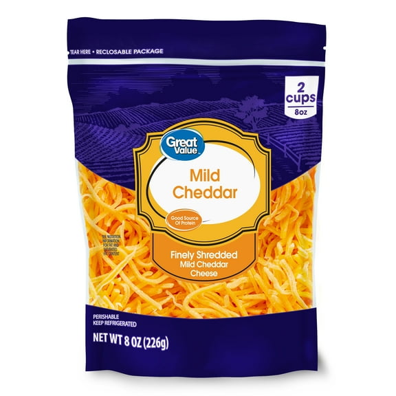 Great Value Mild Cheddar Finely Shredded Cheese, 8 oz Bag