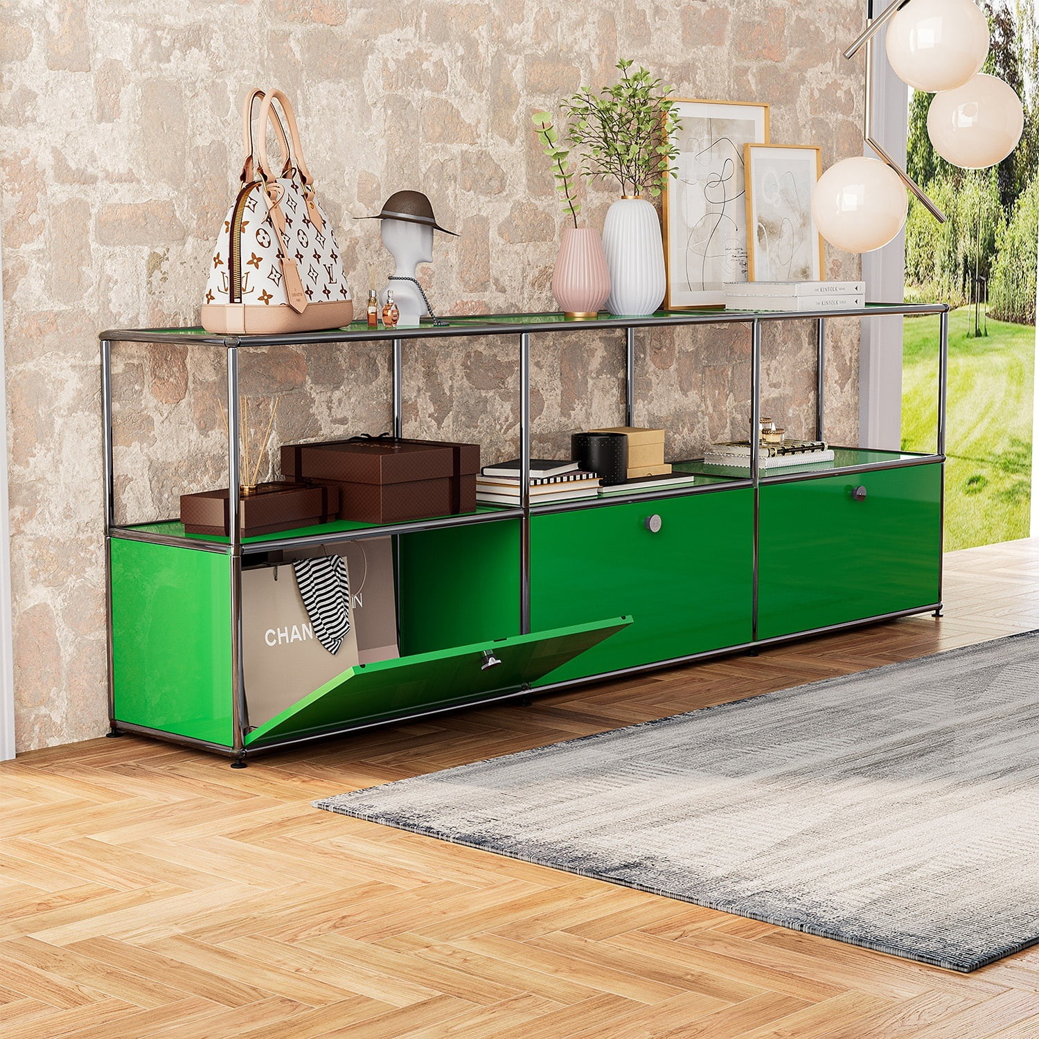Modern TV Stand for 65-70" TV, Metal Entertainment Center TV Media Console Table with 3 Doors and Shelf, Green