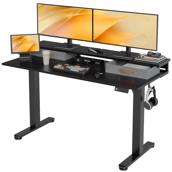 55" Electric Height Adjustable Standing Desk with Monitor Stand, 2 Storage Drawers and Memory Presets,Black
