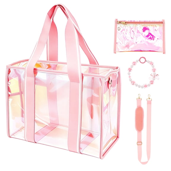 Iridescent Beach Tote Bag for Women Large Zipper Beach Pool Swim Bag with Phone Pouch Beach Tote Bag Adjustable Strap Packable Foldable