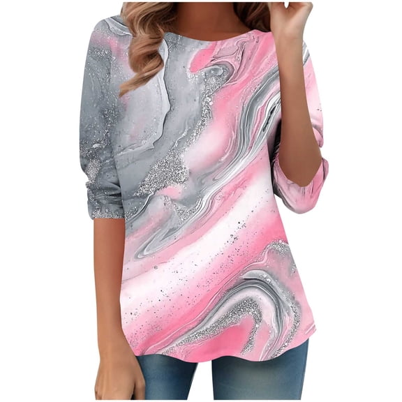 Jsaierl 3/4 Length Sleeve Womens Tops Casual Round Neck Shirts Trendy Graphic Petite Blouses Soft Holiday Tunic Top S-5XL