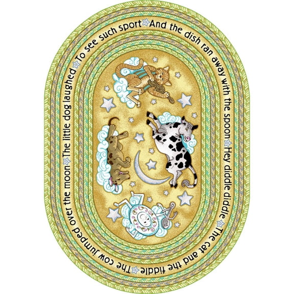 Joy Carpets Kid Essentials Hey Diddle Diddle 5'4" x 7'8" Oval Area Rug in Color Yellow