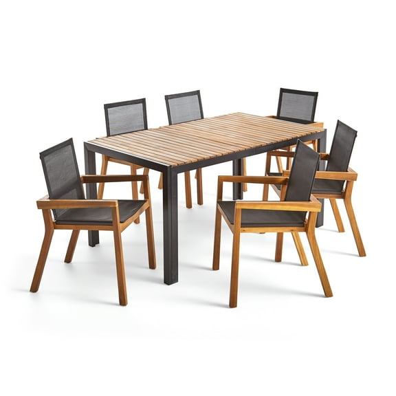GDF Studio Powell Outdoor Mesh and Acacia Wood 7 Piece Dining Set, Teak and Black