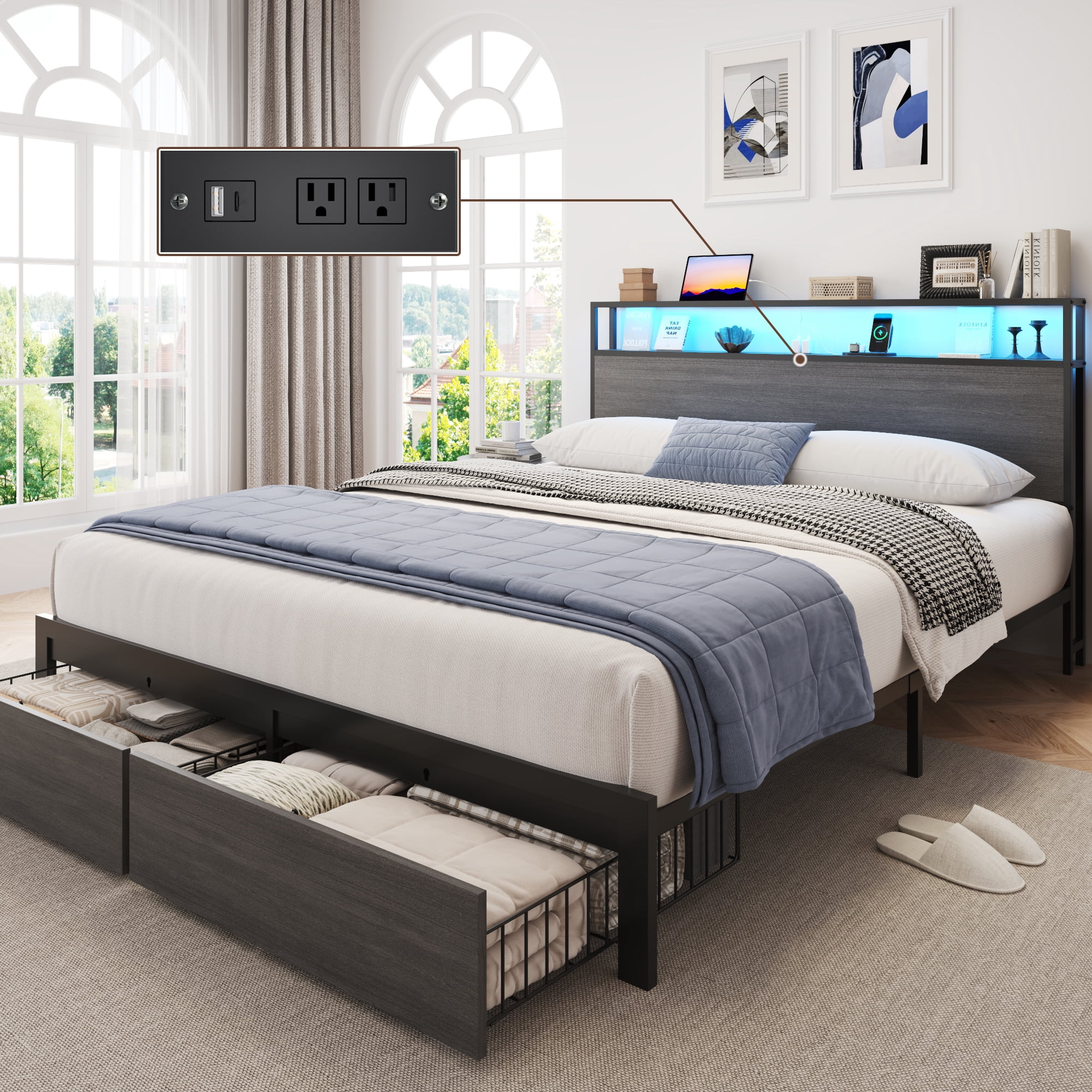 Lifezone Queen Bed Frame with 2-Tier Storage Headboard, Metal Bed Frame with Storage Drawers, Built-in Charging Station & LED Lights, Noise-Free, No Box Spring Needed, Easy Assembly, Rustic Grey
