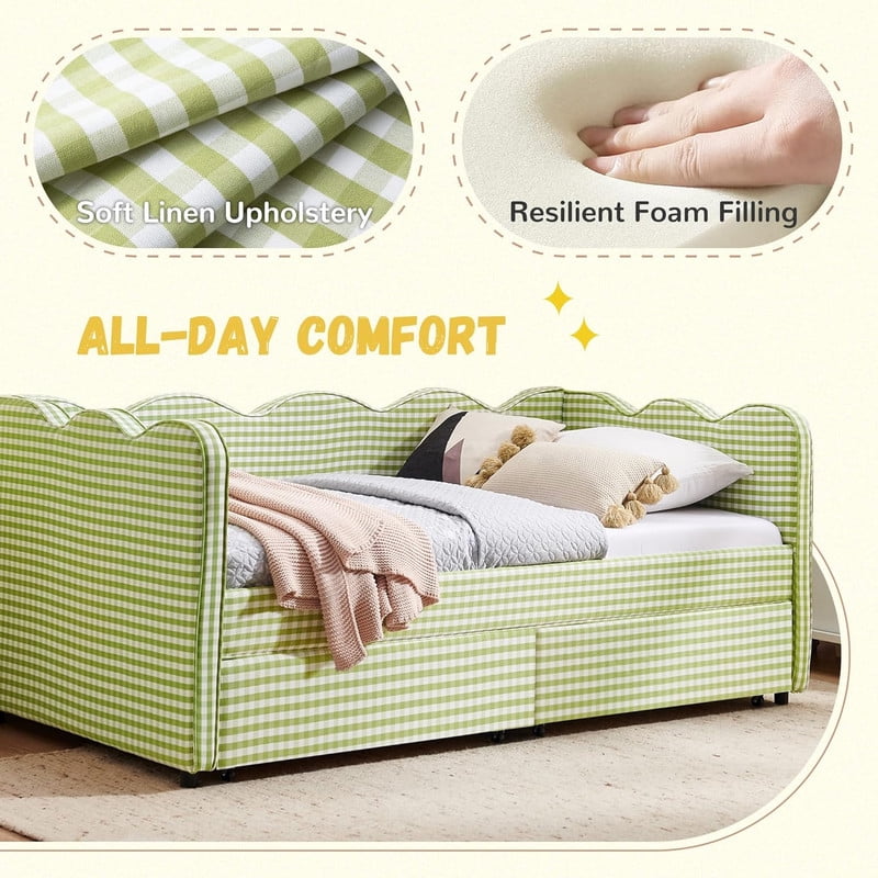 Twin Size Cozy Gingham Daybed with 2 Storage Drawers, Wave Shaped Linen Fabric Sofa Bed with USB Port for Living Room Bedroom