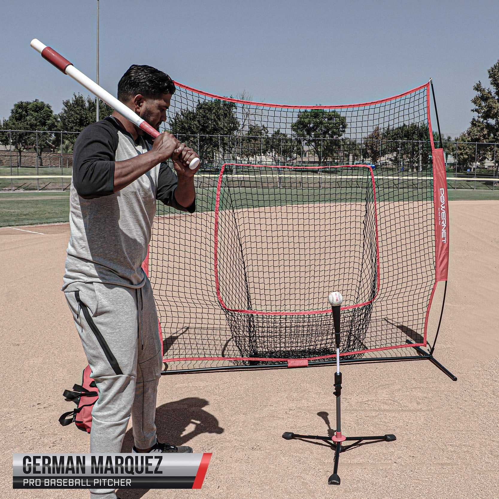 PowerNet 7x7 Baseball Softball Net and Tee Bundle | Durable Construction | Solo Batting Practice for Improved Hitting