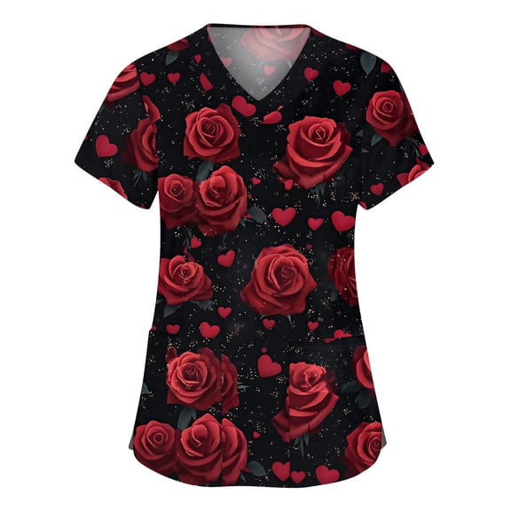 Dwralegc Valentines Day Scrub Tops Women Plus Size Lightweight Shirt Stretch Short Sleeve Heart Pattern V Neck Nursing Workwear with 2 Pockets Wine 2XL